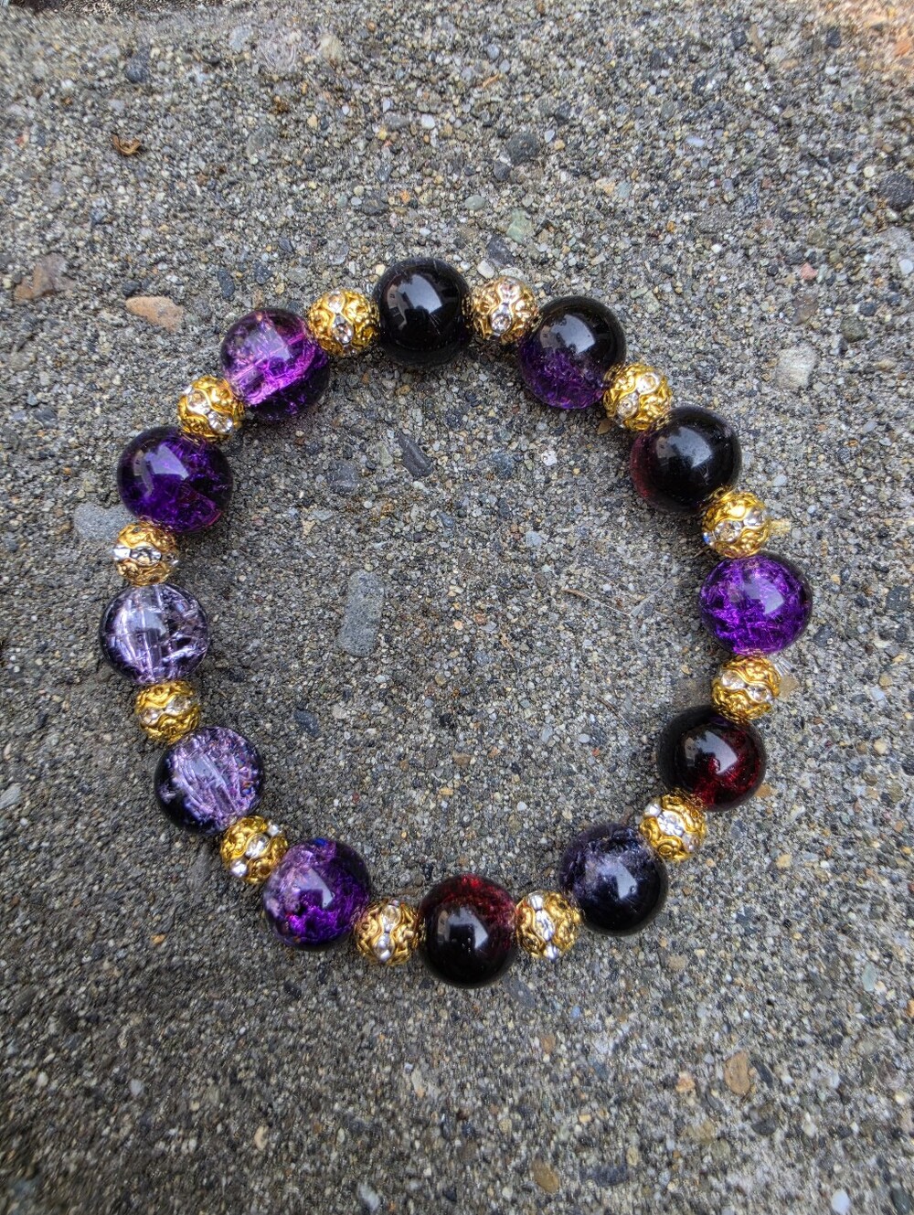Purple & Gold Crackle Glass Bead Stretch Bracelet with Rhinestone Spacer Accent